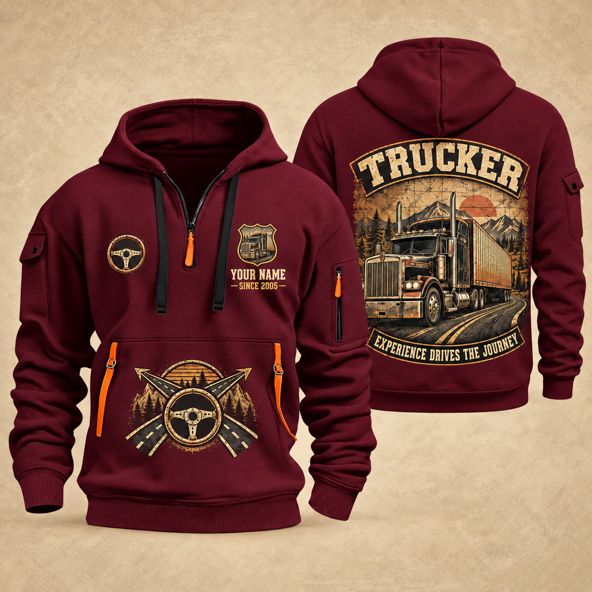 Trucker Highway Heritage quarter-zip hoodie in Wine Red, front and back, YOUR NAME and SINCE 2005 artwork
