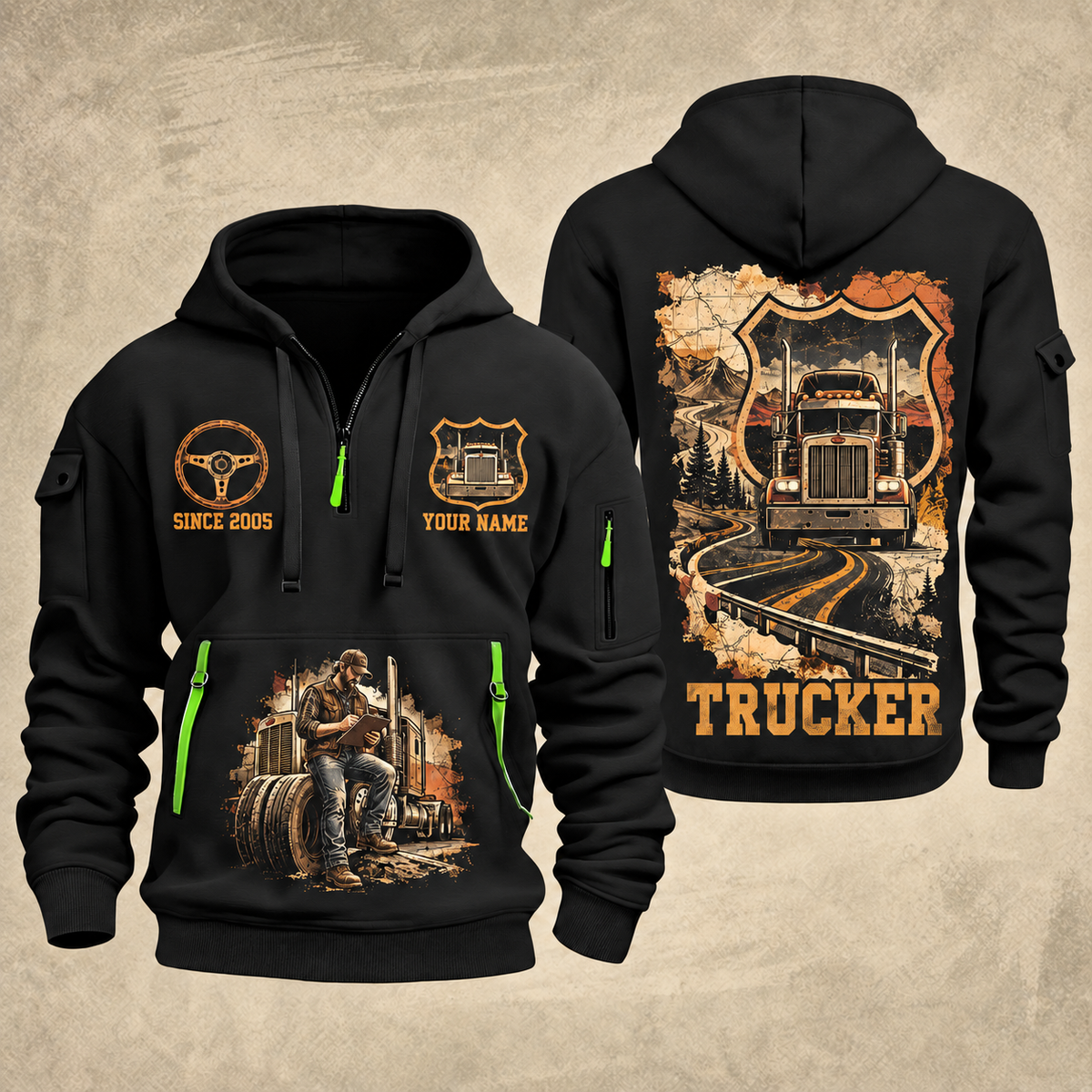 Trucker Road Atlas quarter-zip hoodie in Black, front and back, YOUR NAME and SINCE 2005 artwork