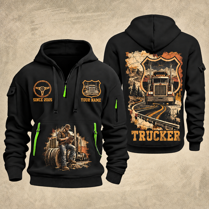 Trucker Road Atlas quarter-zip hoodie in Black, front and back, YOUR NAME and SINCE 2005 artwork