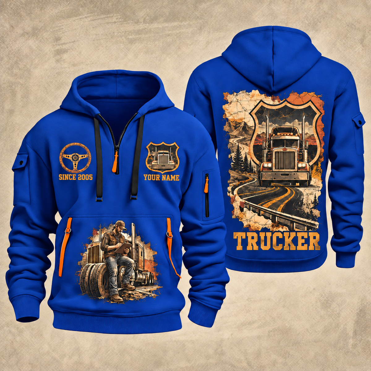 Trucker Road Atlas quarter-zip hoodie in Blue, front and back, YOUR NAME and SINCE 2005 artwork