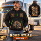 Trucker wearing Road Atlas quarter-zip hoodie in their workplace; product introduction and shopping call to action