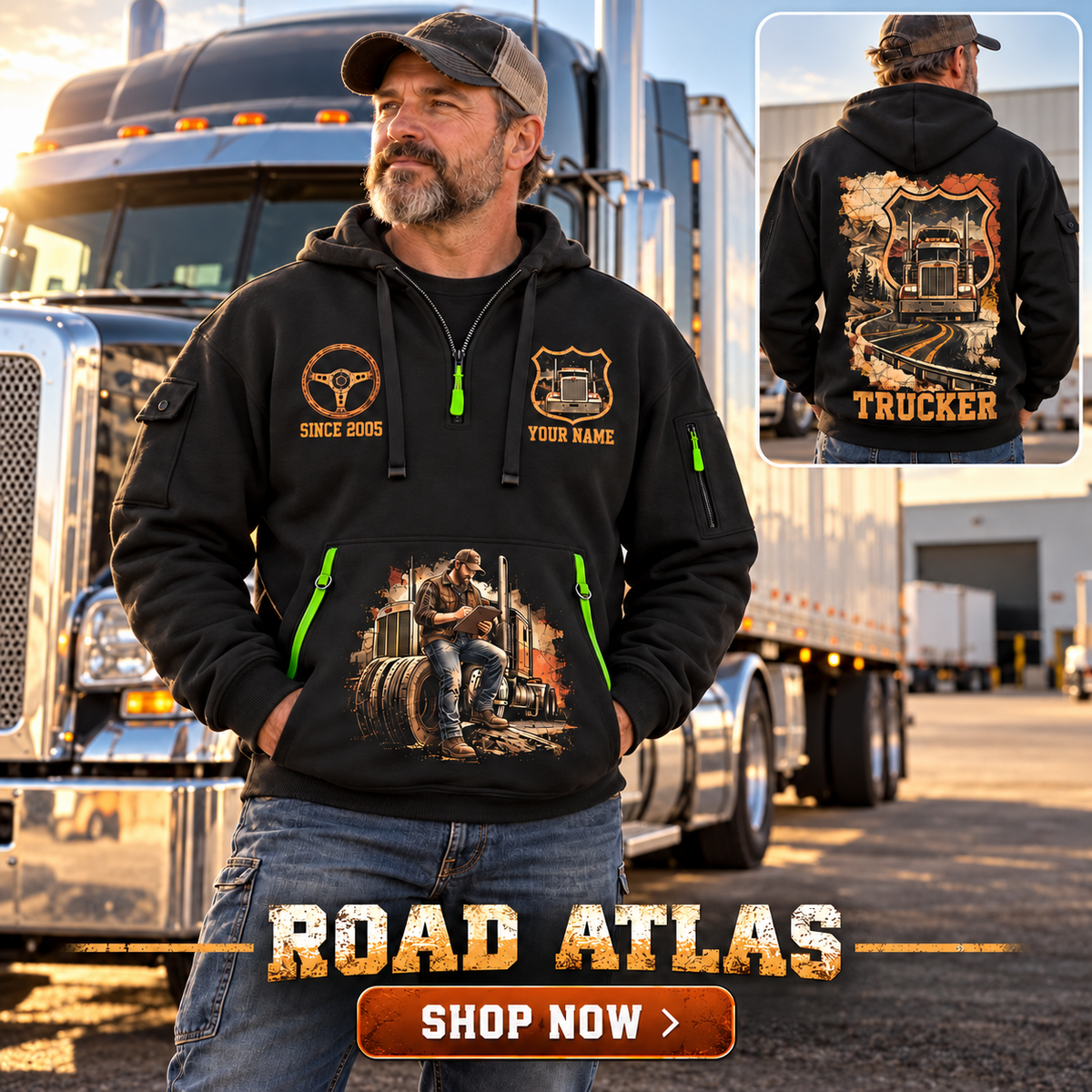 Trucker wearing Road Atlas quarter-zip hoodie in their workplace; product introduction and shopping call to action