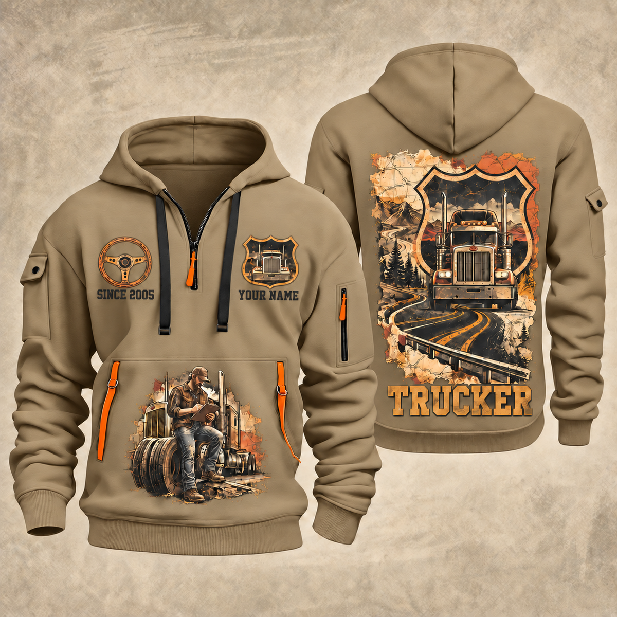 Trucker Road Atlas quarter-zip hoodie in Khaki, front and back, YOUR NAME and SINCE 2005 artwork