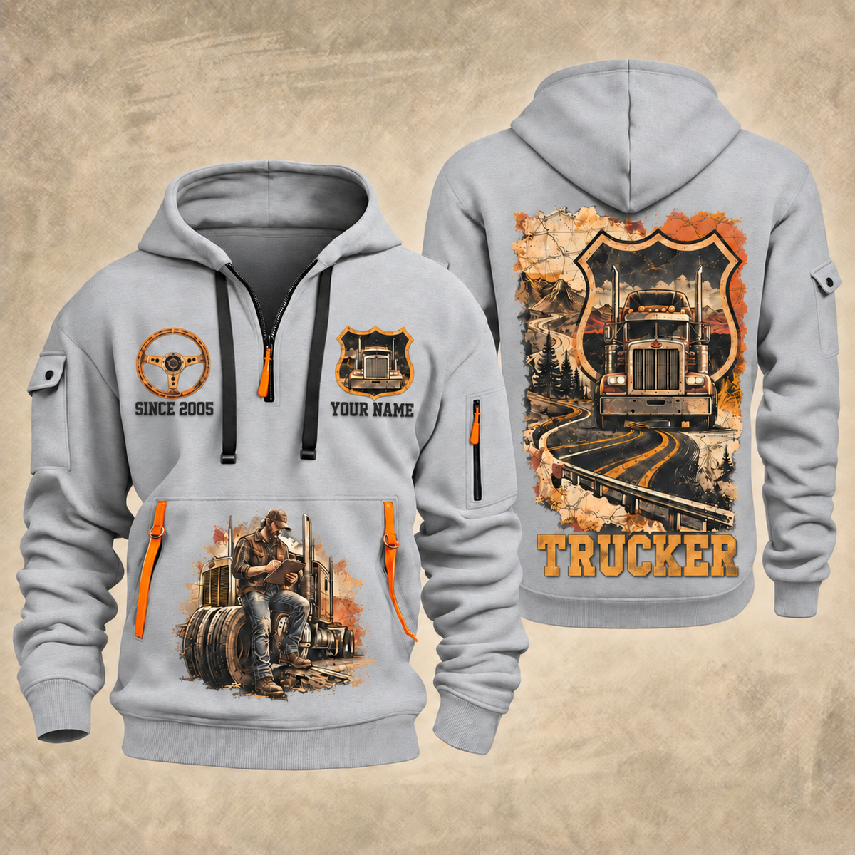 Trucker Road Atlas quarter-zip hoodie in Light Grey, front and back, YOUR NAME and SINCE 2005 artwork