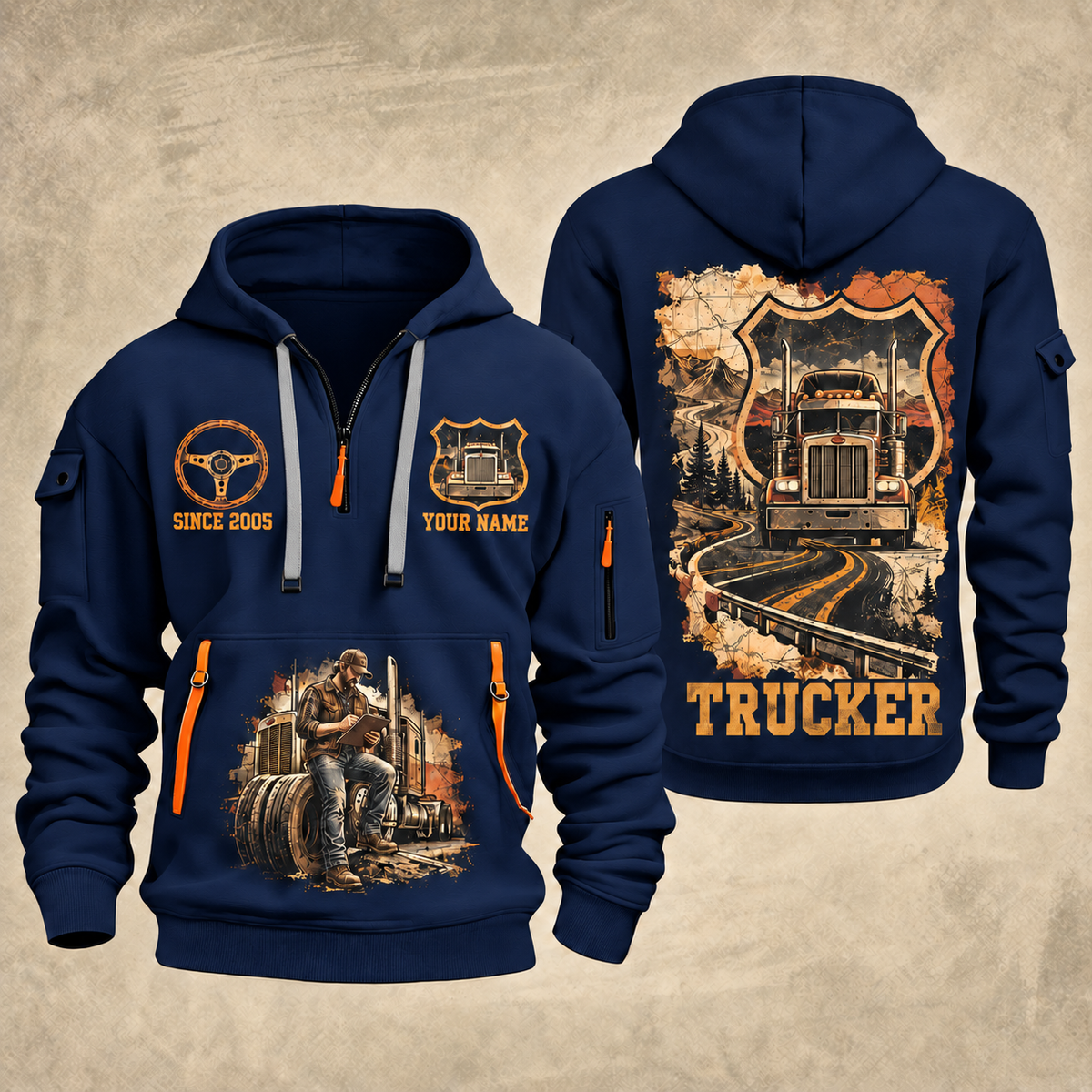 Trucker Road Atlas quarter-zip hoodie in Navy, front and back, YOUR NAME and SINCE 2005 artwork