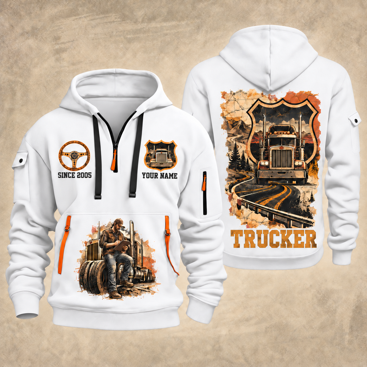 Trucker Road Atlas quarter-zip hoodie in White, front and back, YOUR NAME and SINCE 2005 artwork