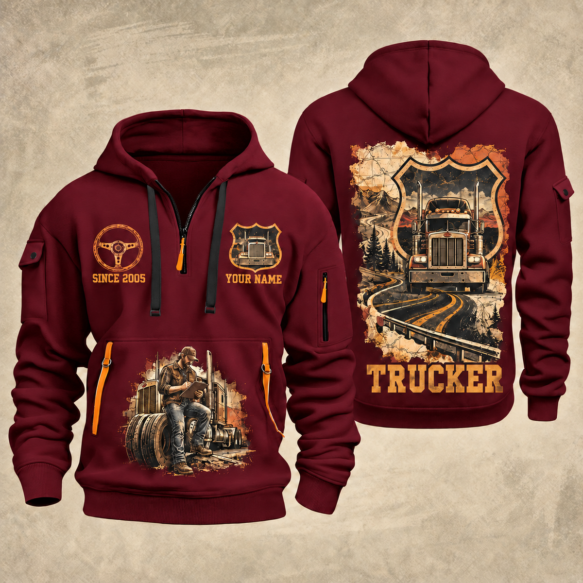 Trucker Road Atlas quarter-zip hoodie in Wine Red, front and back, YOUR NAME and SINCE 2005 artwork