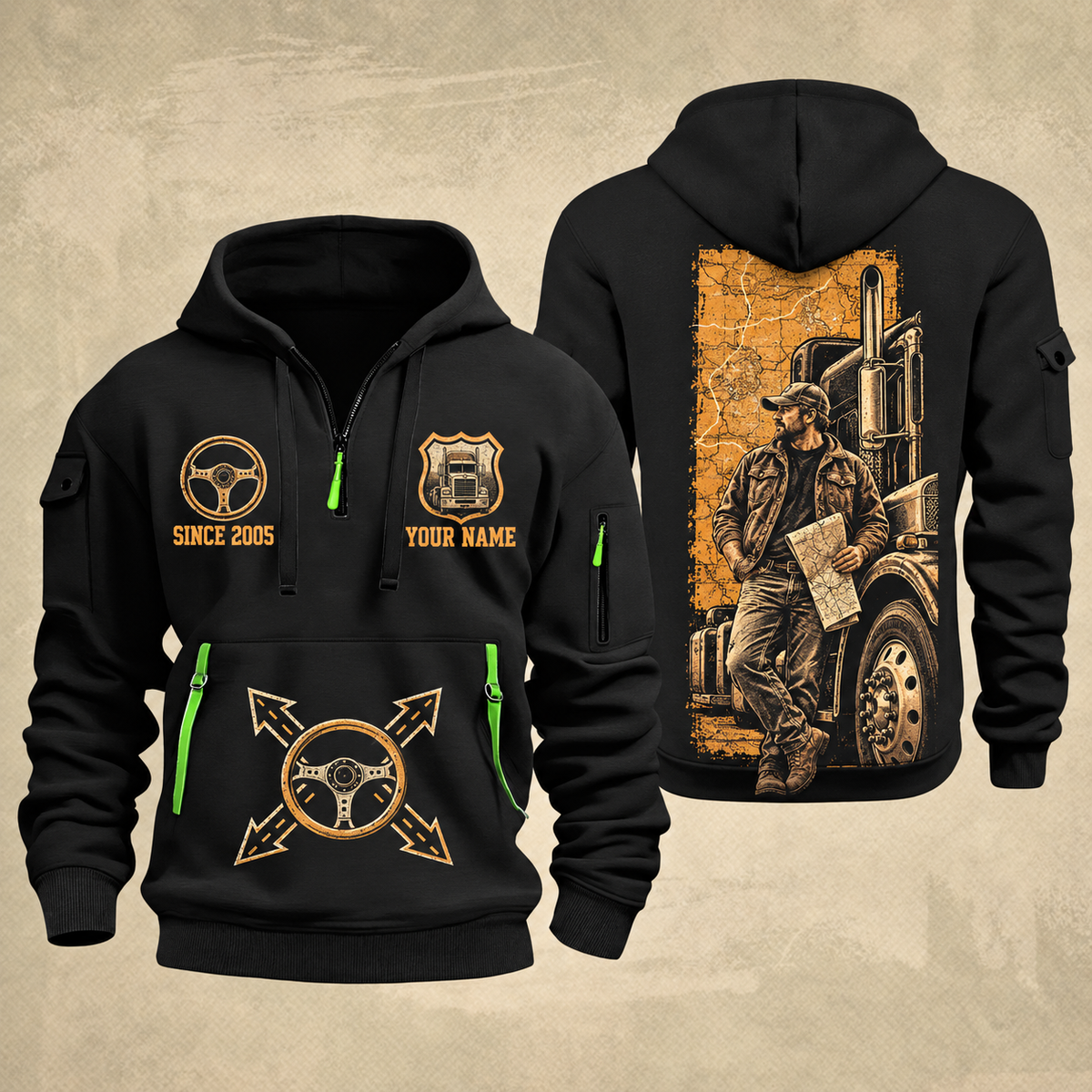 Trucker Driver Portrait quarter-zip hoodie in Black, front and back, YOUR NAME and SINCE 2005 artwork