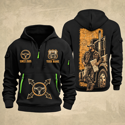 Trucker Driver Portrait quarter-zip hoodie in Black, front and back, YOUR NAME and SINCE 2005 artwork