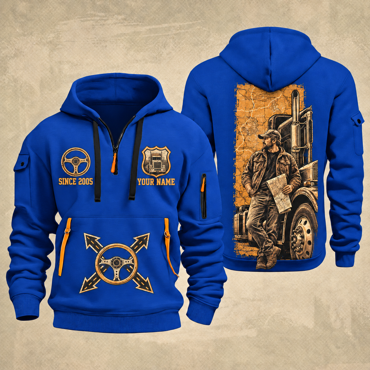 Trucker Driver Portrait quarter-zip hoodie in Blue, front and back, YOUR NAME and SINCE 2005 artwork