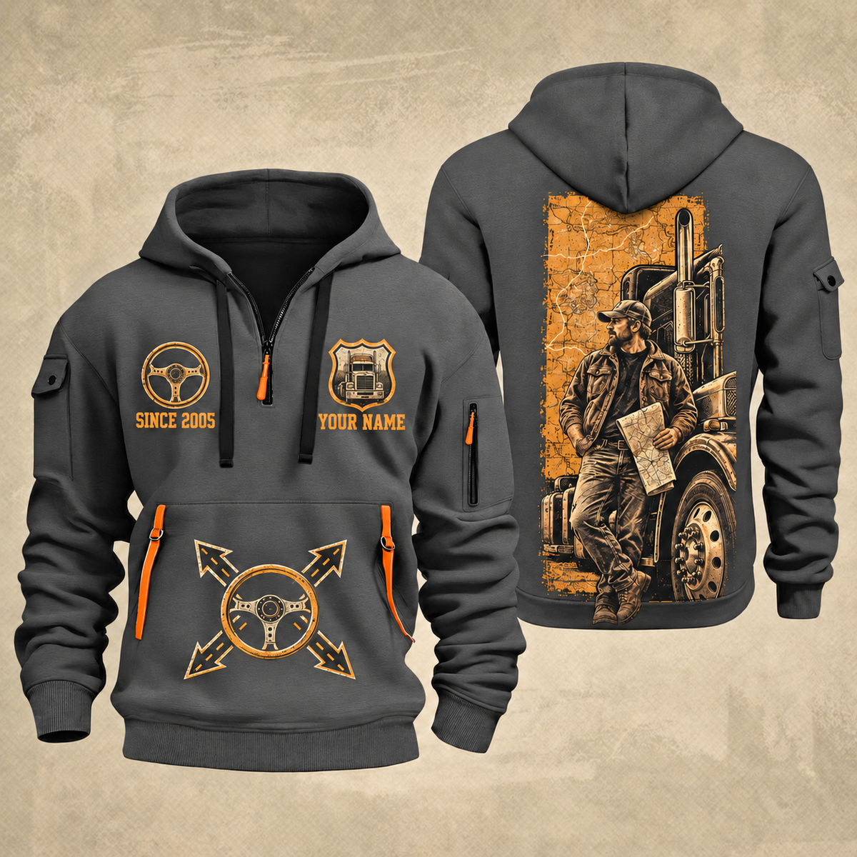 Trucker Driver Portrait quarter-zip hoodie in Gray, front and back, YOUR NAME and SINCE 2005 artwork