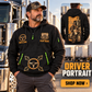 Trucker wearing Driver Portrait quarter-zip hoodie in their workplace; product introduction and shopping call to action