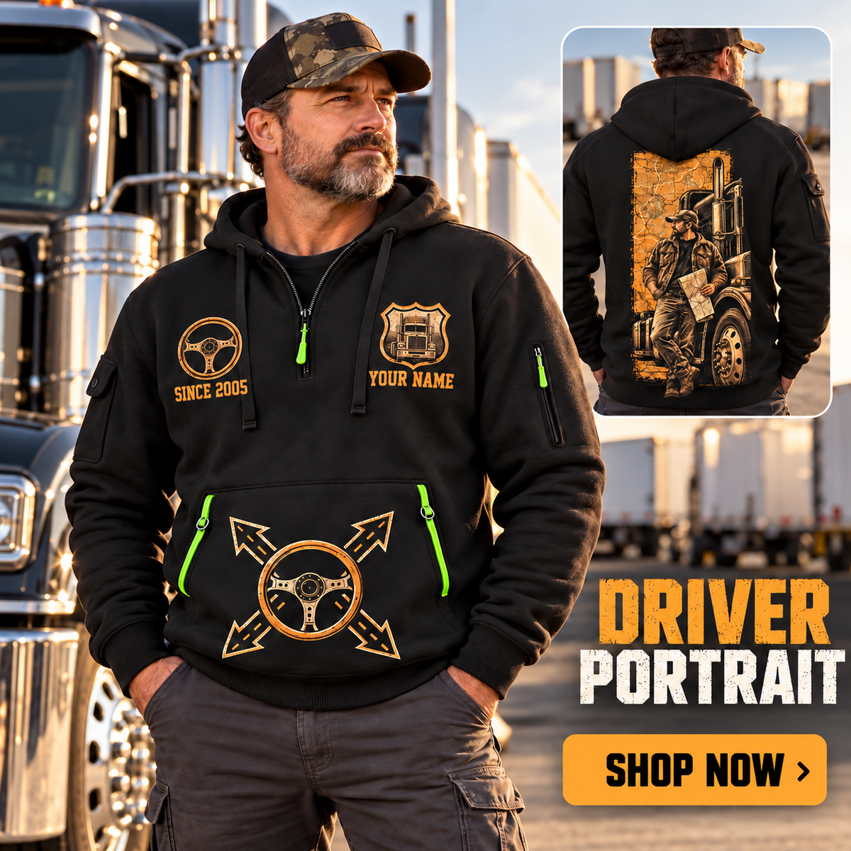 Trucker wearing Driver Portrait quarter-zip hoodie in their workplace; product introduction and shopping call to action