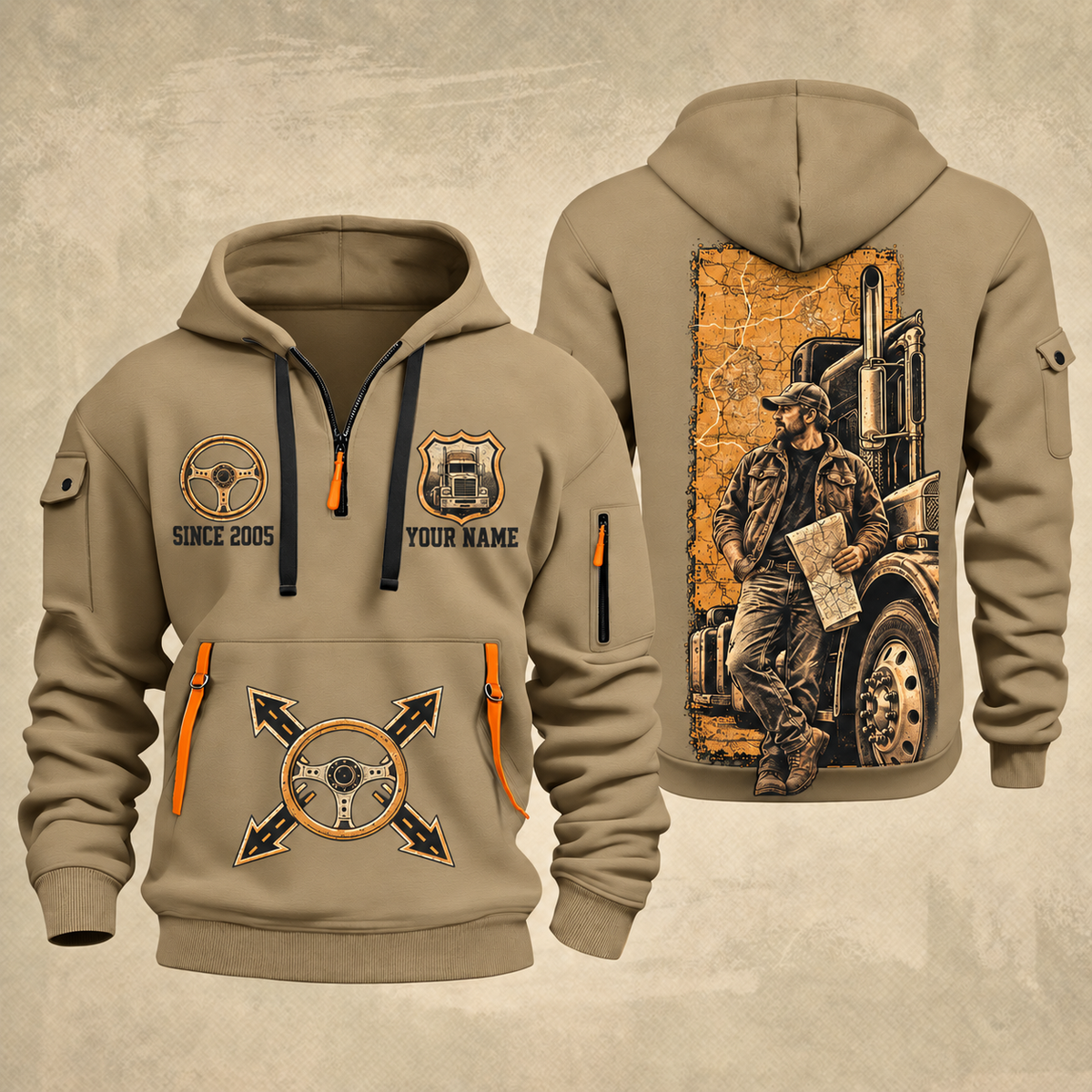 Trucker Driver Portrait quarter-zip hoodie in Khaki, front and back, YOUR NAME and SINCE 2005 artwork