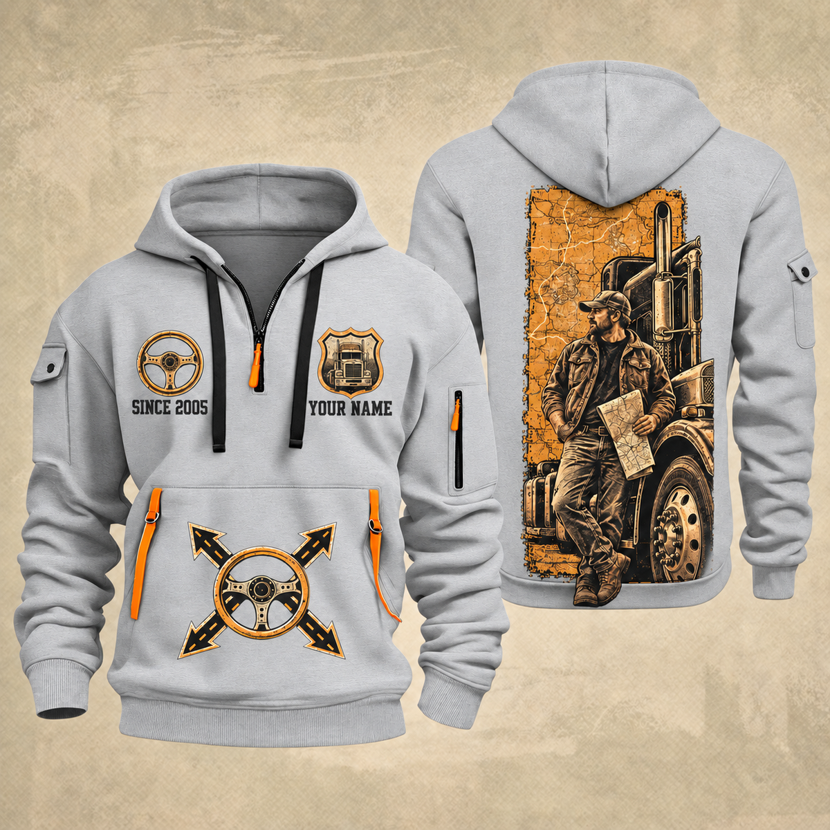 Trucker Driver Portrait quarter-zip hoodie in Light Grey, front and back, YOUR NAME and SINCE 2005 artwork