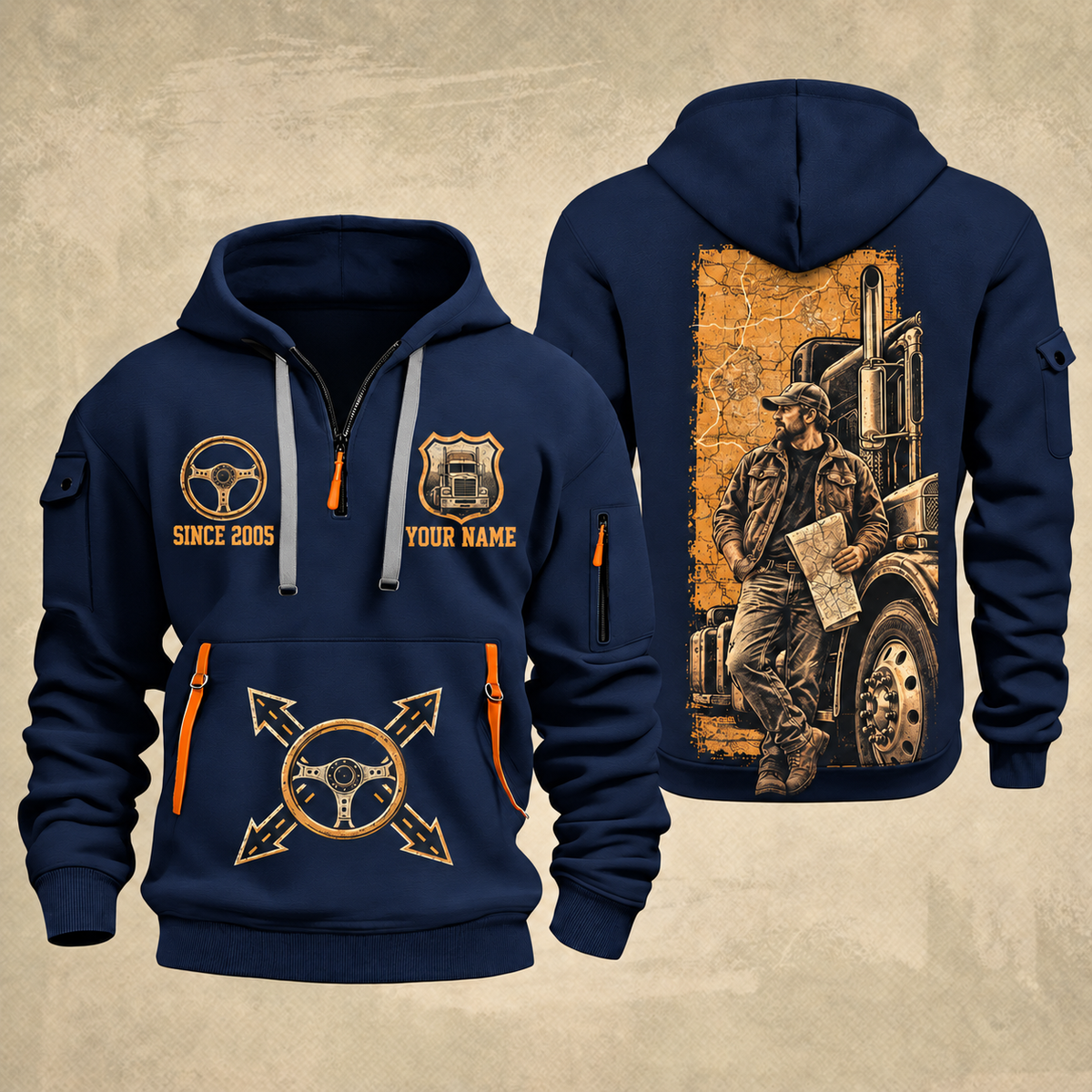 Trucker Driver Portrait quarter-zip hoodie in Navy, front and back, YOUR NAME and SINCE 2005 artwork