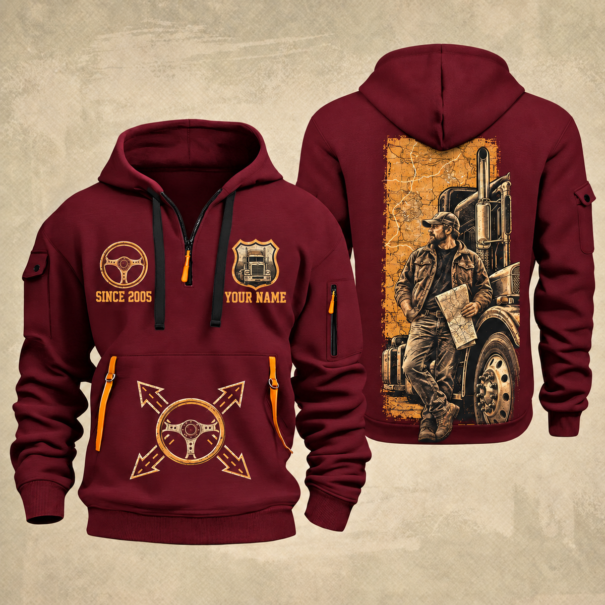 Trucker Driver Portrait quarter-zip hoodie in Wine Red, front and back, YOUR NAME and SINCE 2005 artwork