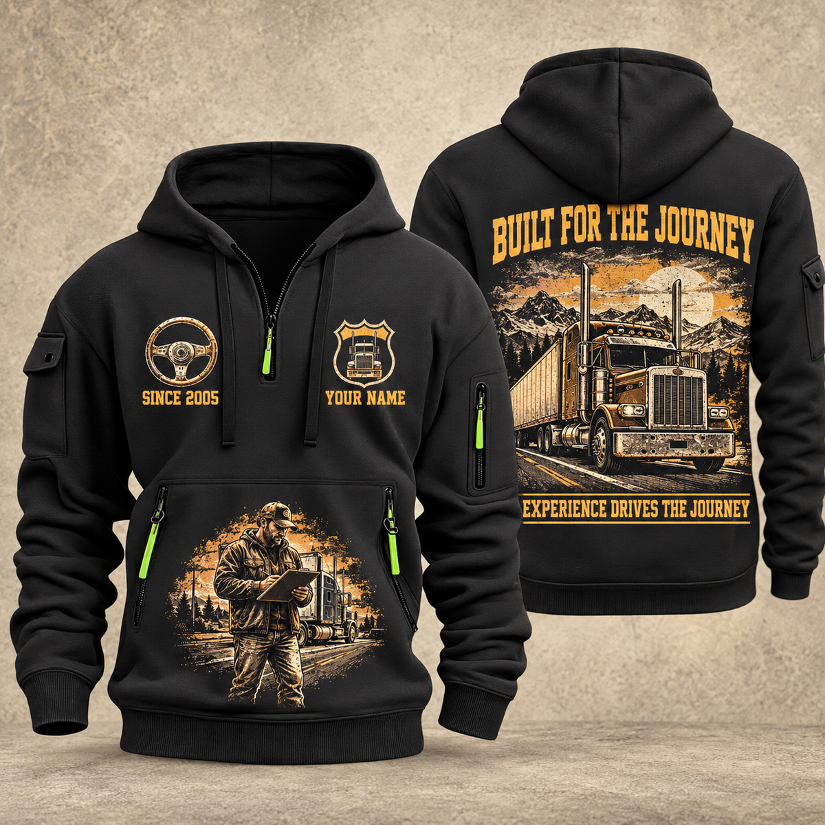 Trucker Built for the Journey quarter-zip hoodie in Black, front and back, YOUR NAME and SINCE 2005 artwork