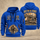 Trucker Built for the Journey quarter-zip hoodie in Blue, front and back, YOUR NAME and SINCE 2005 artwork