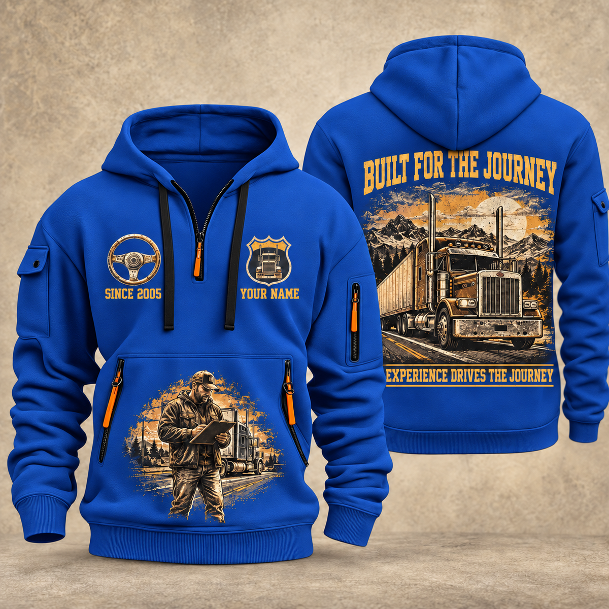 Trucker Built for the Journey quarter-zip hoodie in Blue, front and back, YOUR NAME and SINCE 2005 artwork