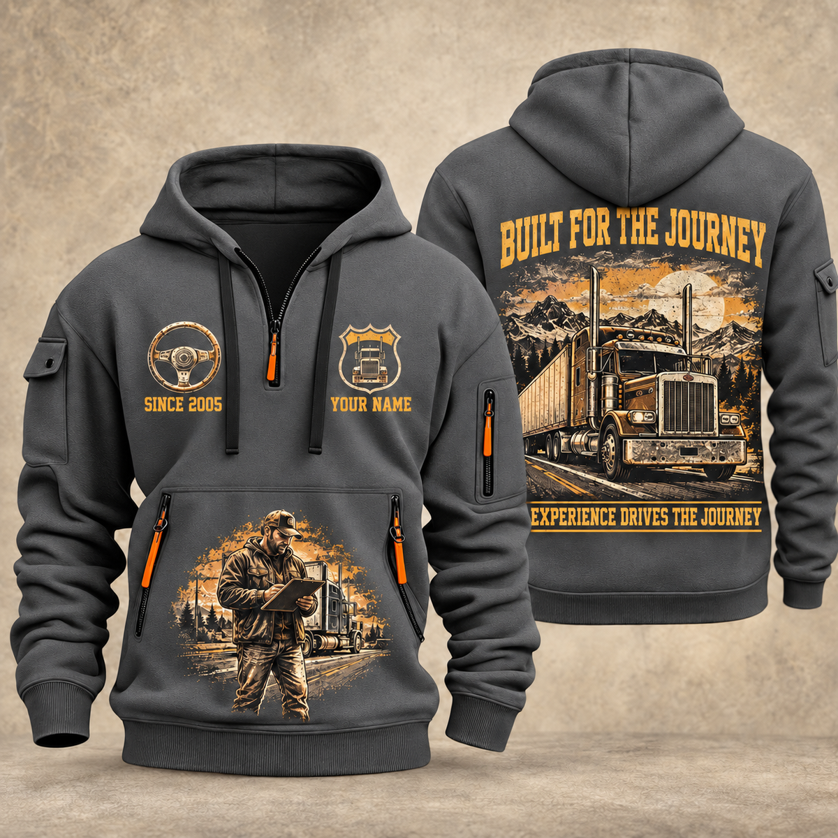 Trucker Built for the Journey quarter-zip hoodie in Gray, front and back, YOUR NAME and SINCE 2005 artwork