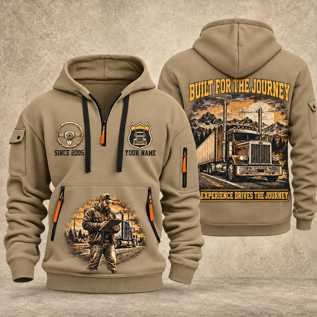 Trucker Built for the Journey quarter-zip hoodie in Khaki, front and back, YOUR NAME and SINCE 2005 artwork