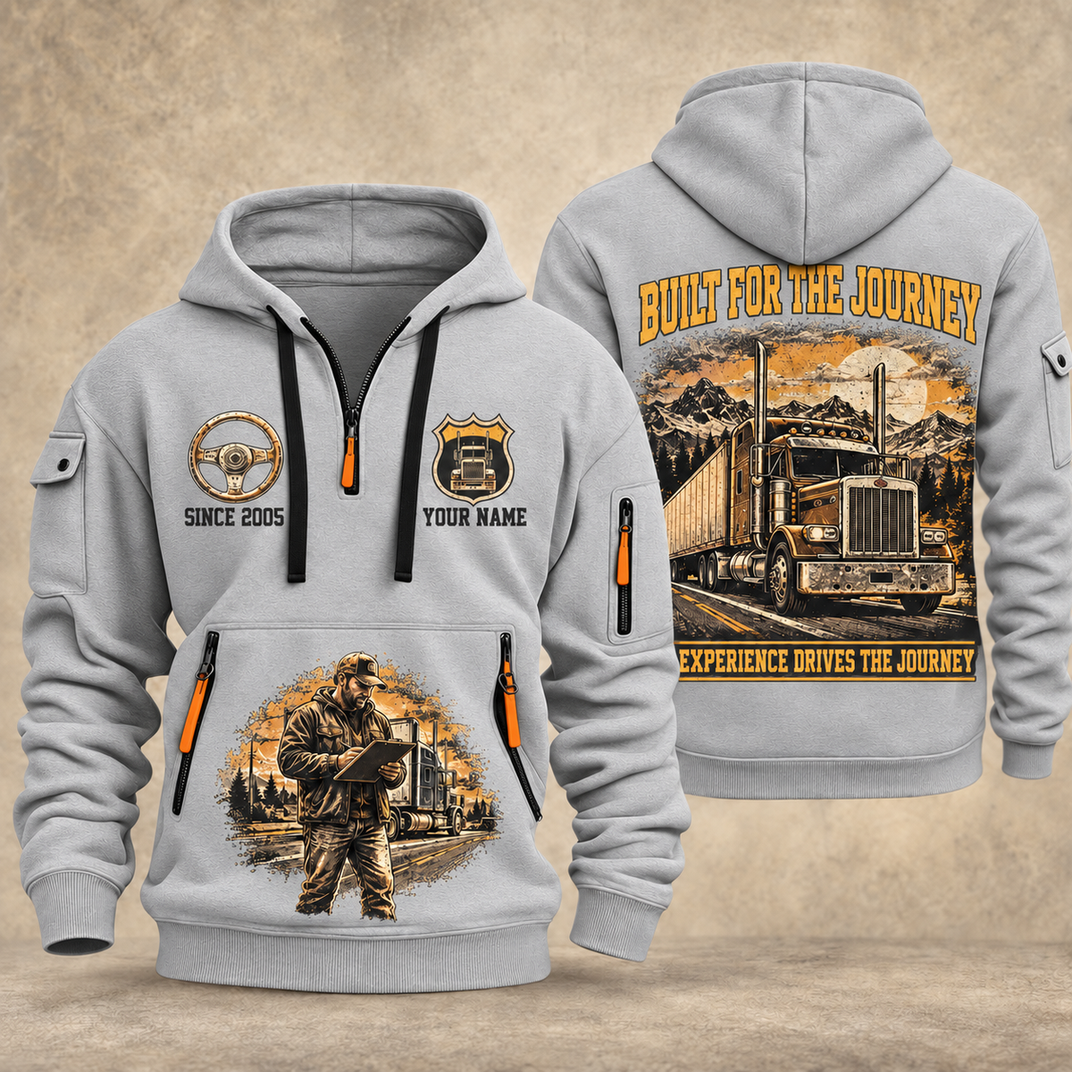 Trucker Built for the Journey quarter-zip hoodie in Light Grey, front and back, YOUR NAME and SINCE 2005 artwork