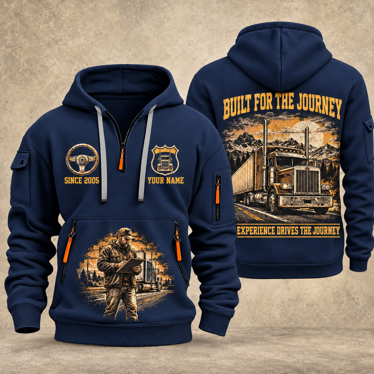 Trucker Built for the Journey quarter-zip hoodie in Navy, front and back, YOUR NAME and SINCE 2005 artwork