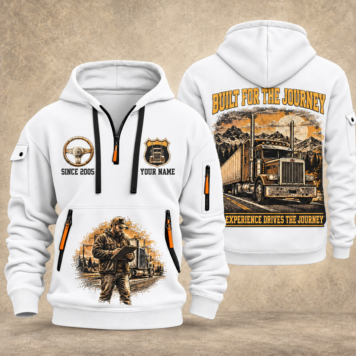 Trucker Built for the Journey quarter-zip hoodie in White, front and back, YOUR NAME and SINCE 2005 artwork