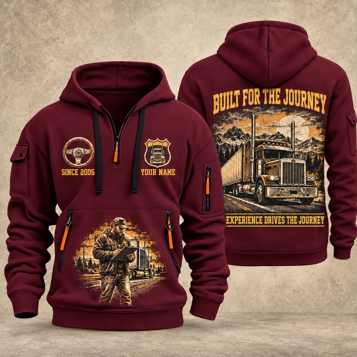 Trucker Built for the Journey quarter-zip hoodie in Wine Red, front and back, YOUR NAME and SINCE 2005 artwork