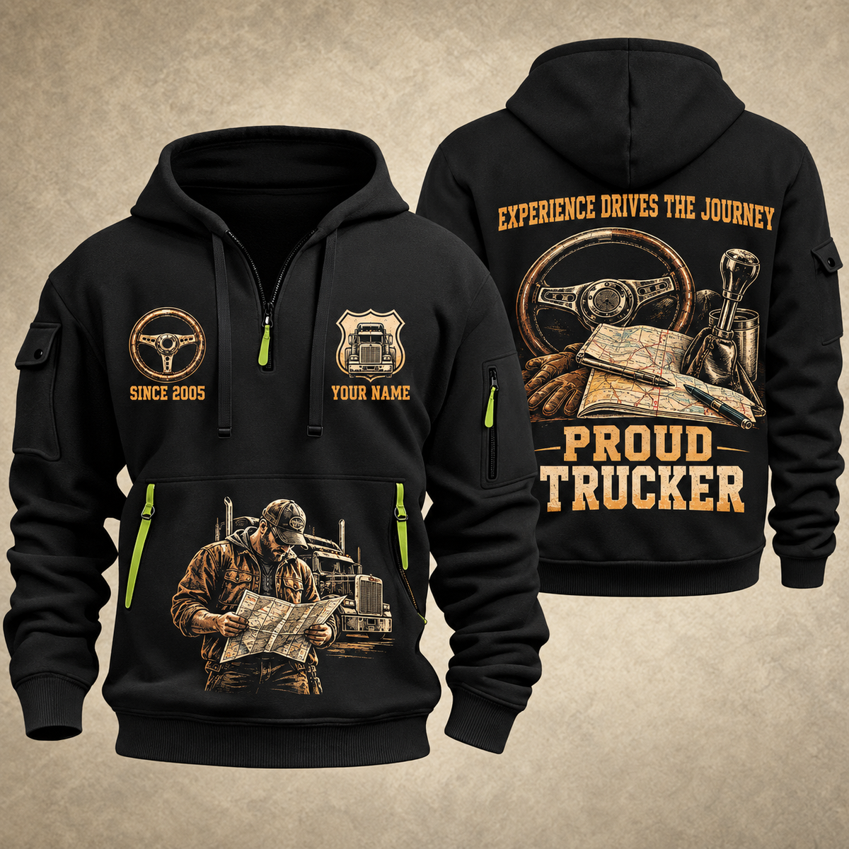 Trucker Proud Road Warrior quarter-zip hoodie in Black, front and back, YOUR NAME and SINCE 2005 artwork