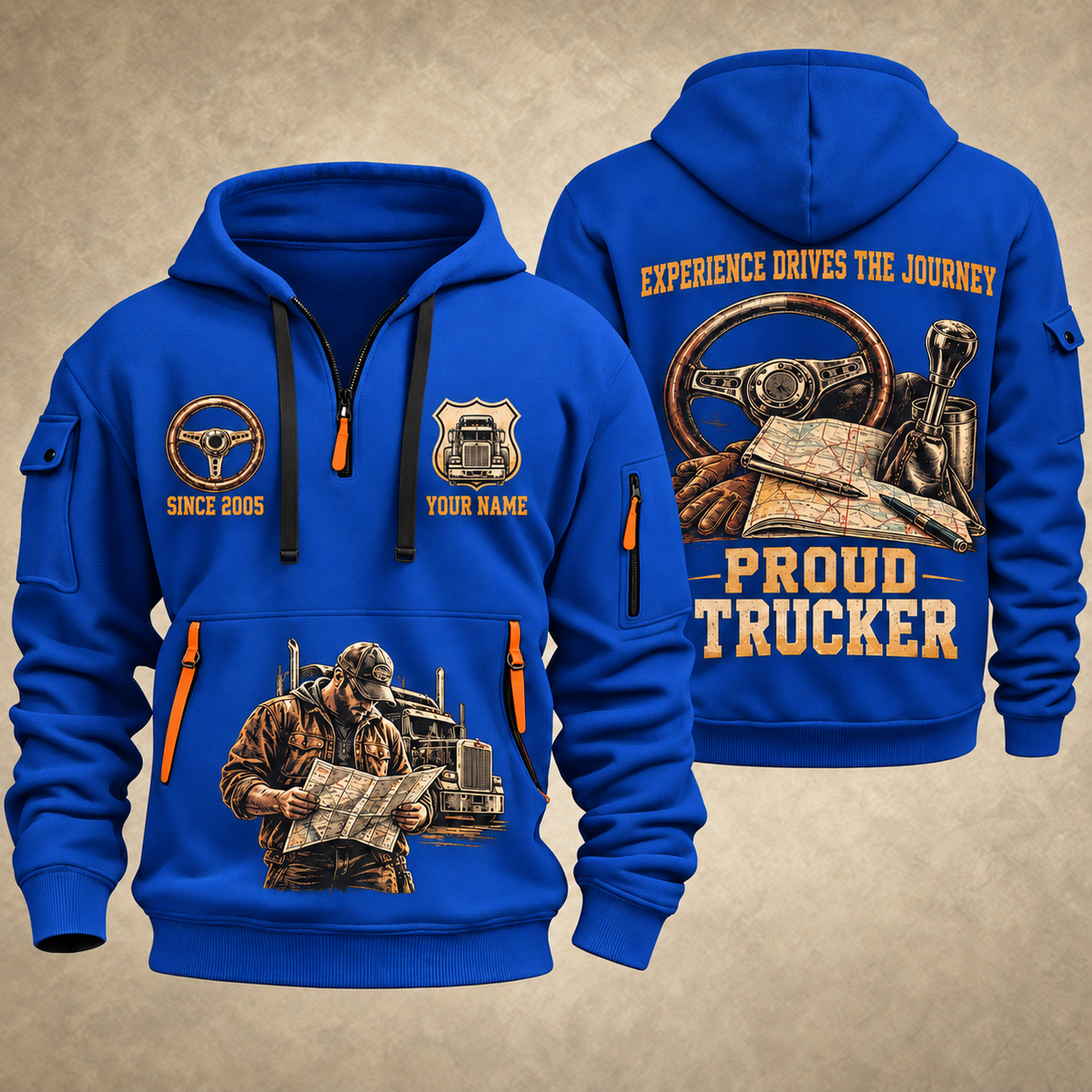 Trucker Proud Road Warrior quarter-zip hoodie in Blue, front and back, YOUR NAME and SINCE 2005 artwork