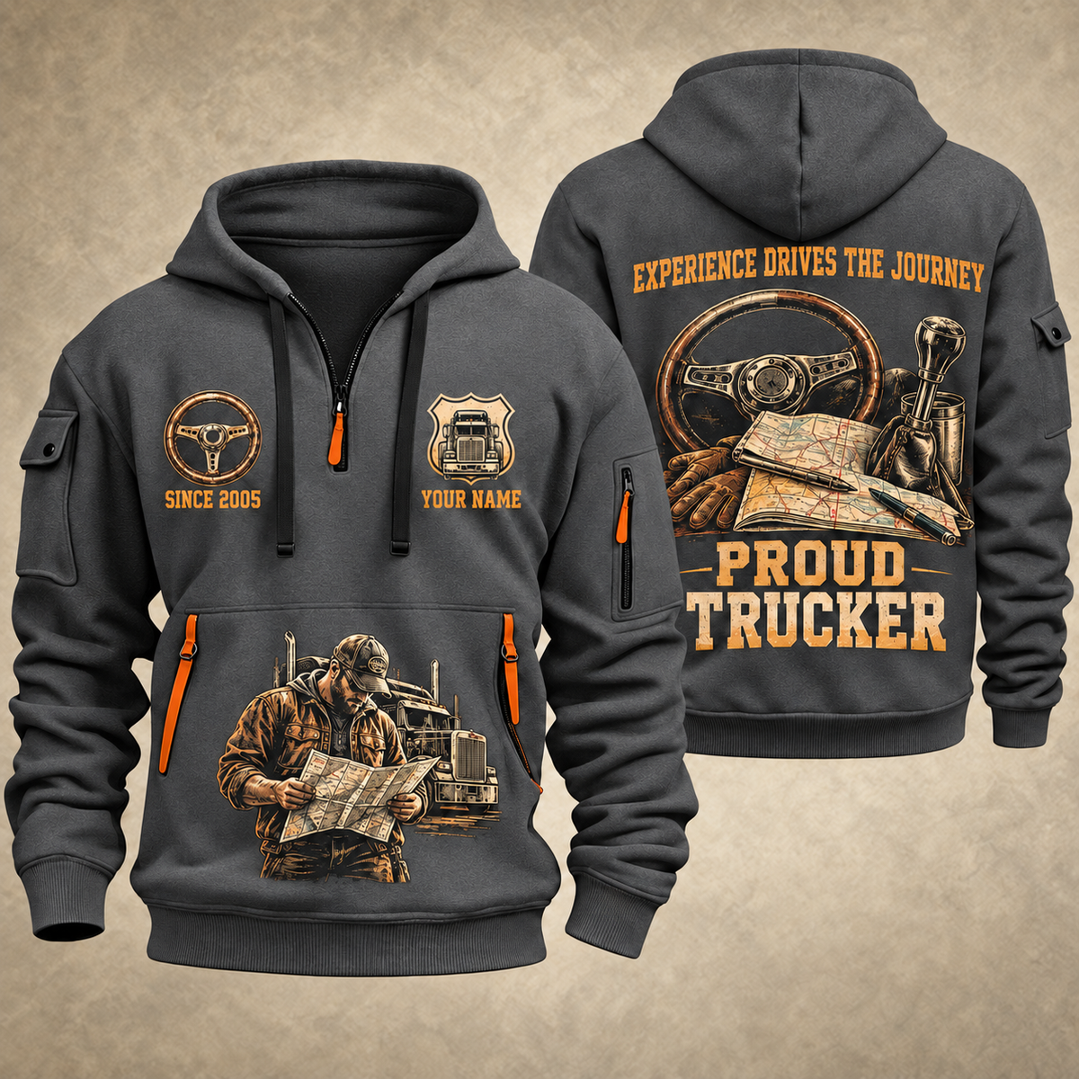 Trucker Proud Road Warrior quarter-zip hoodie in Gray, front and back, YOUR NAME and SINCE 2005 artwork