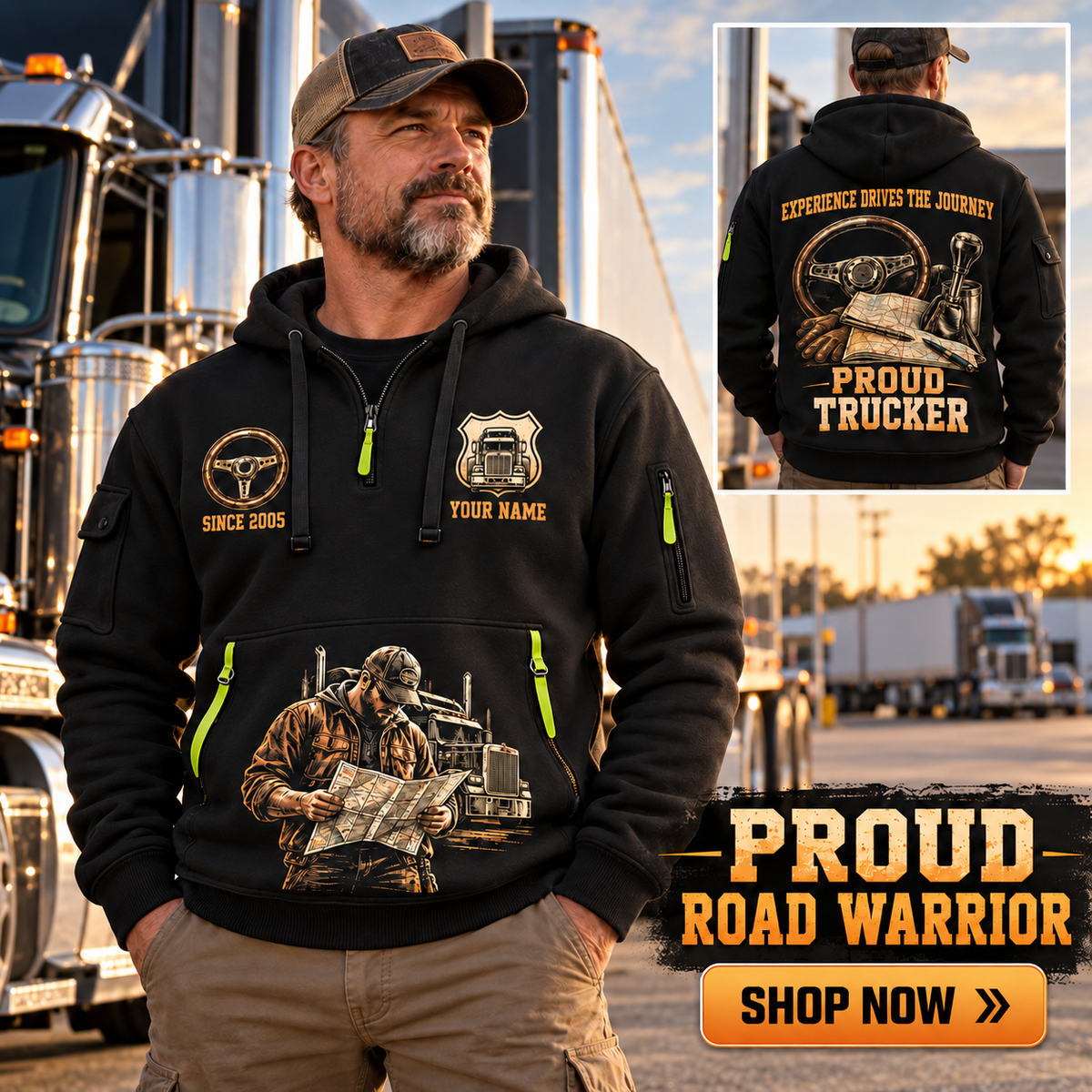 Trucker wearing Proud Road Warrior quarter-zip hoodie in their workplace; product introduction and shopping call to action