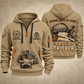 Trucker Proud Road Warrior quarter-zip hoodie in Khaki, front and back, YOUR NAME and SINCE 2005 artwork