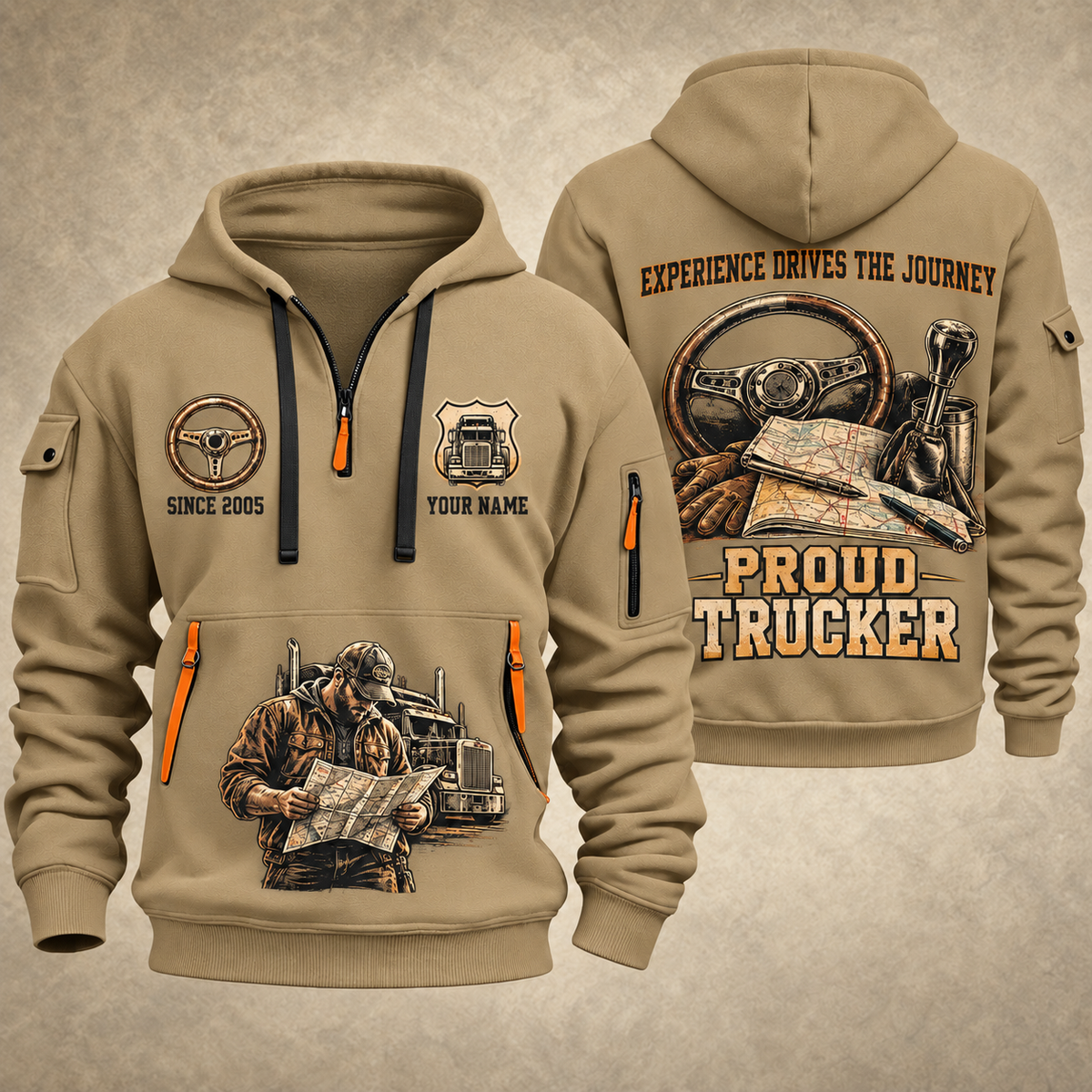 Trucker Proud Road Warrior quarter-zip hoodie in Khaki, front and back, YOUR NAME and SINCE 2005 artwork