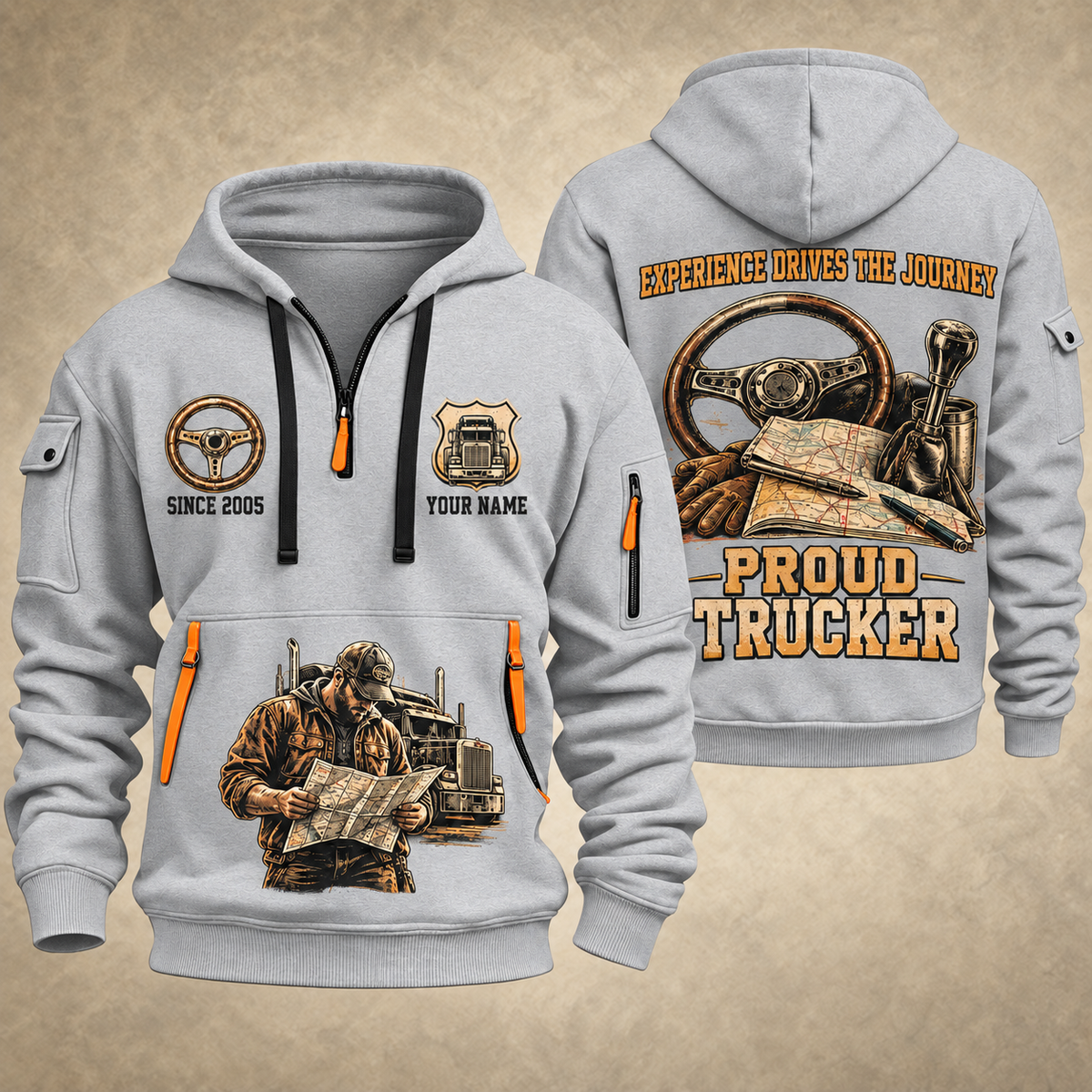 Trucker Proud Road Warrior quarter-zip hoodie in Light Grey, front and back, YOUR NAME and SINCE 2005 artwork