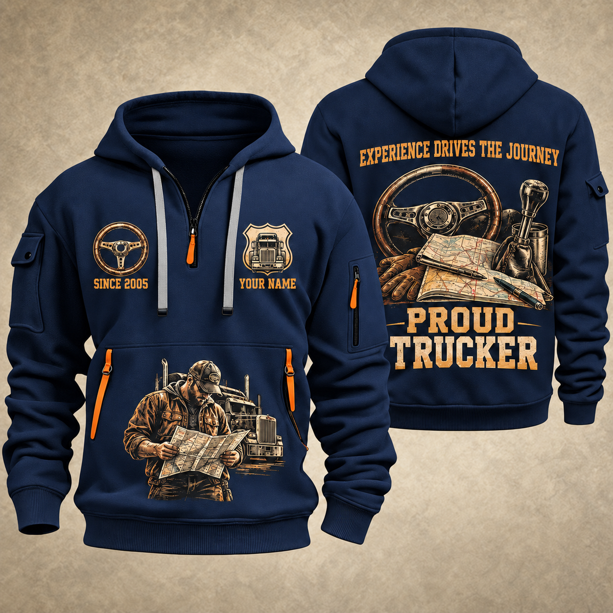 Trucker Proud Road Warrior quarter-zip hoodie in Navy, front and back, YOUR NAME and SINCE 2005 artwork