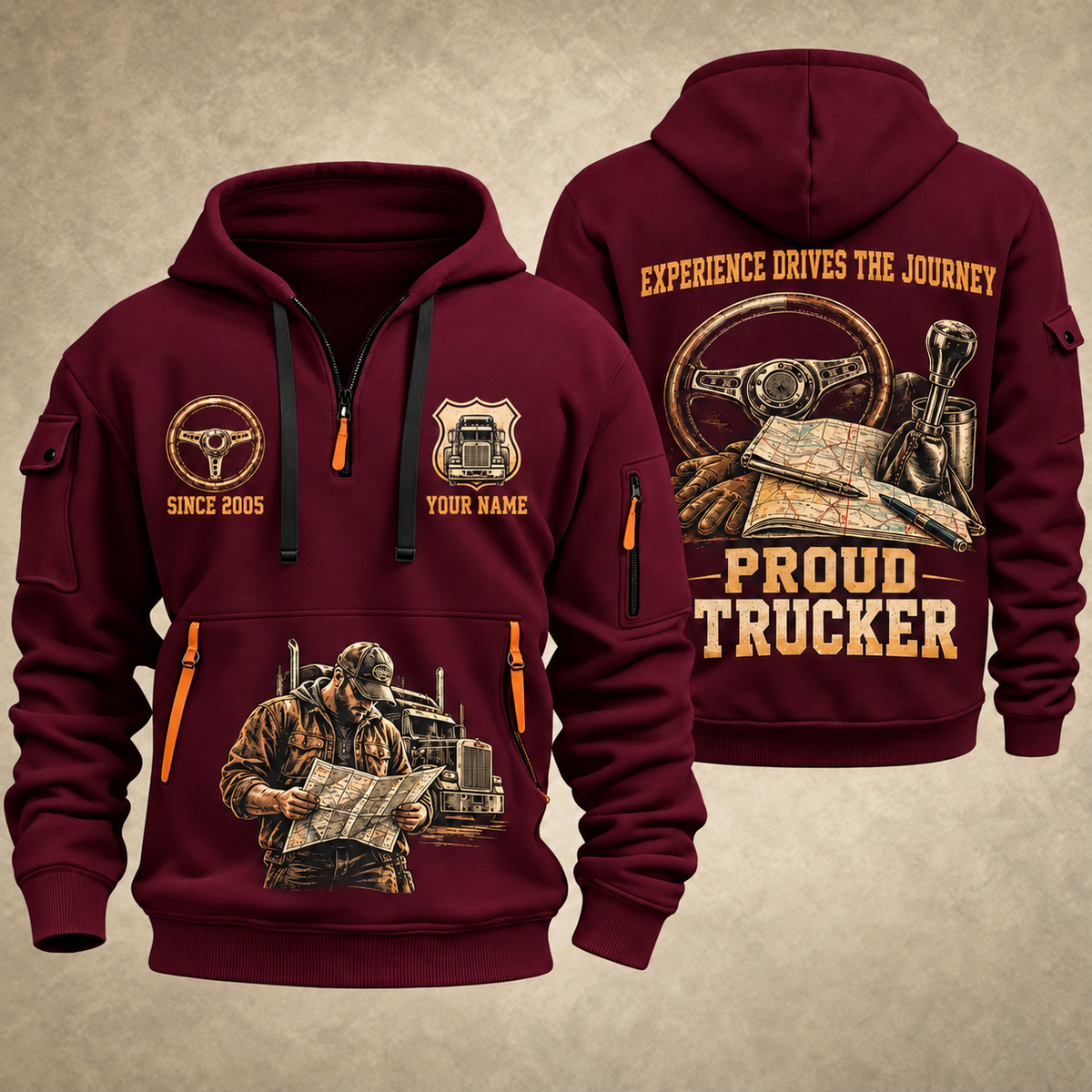 Trucker Proud Road Warrior quarter-zip hoodie in Wine Red, front and back, YOUR NAME and SINCE 2005 artwork