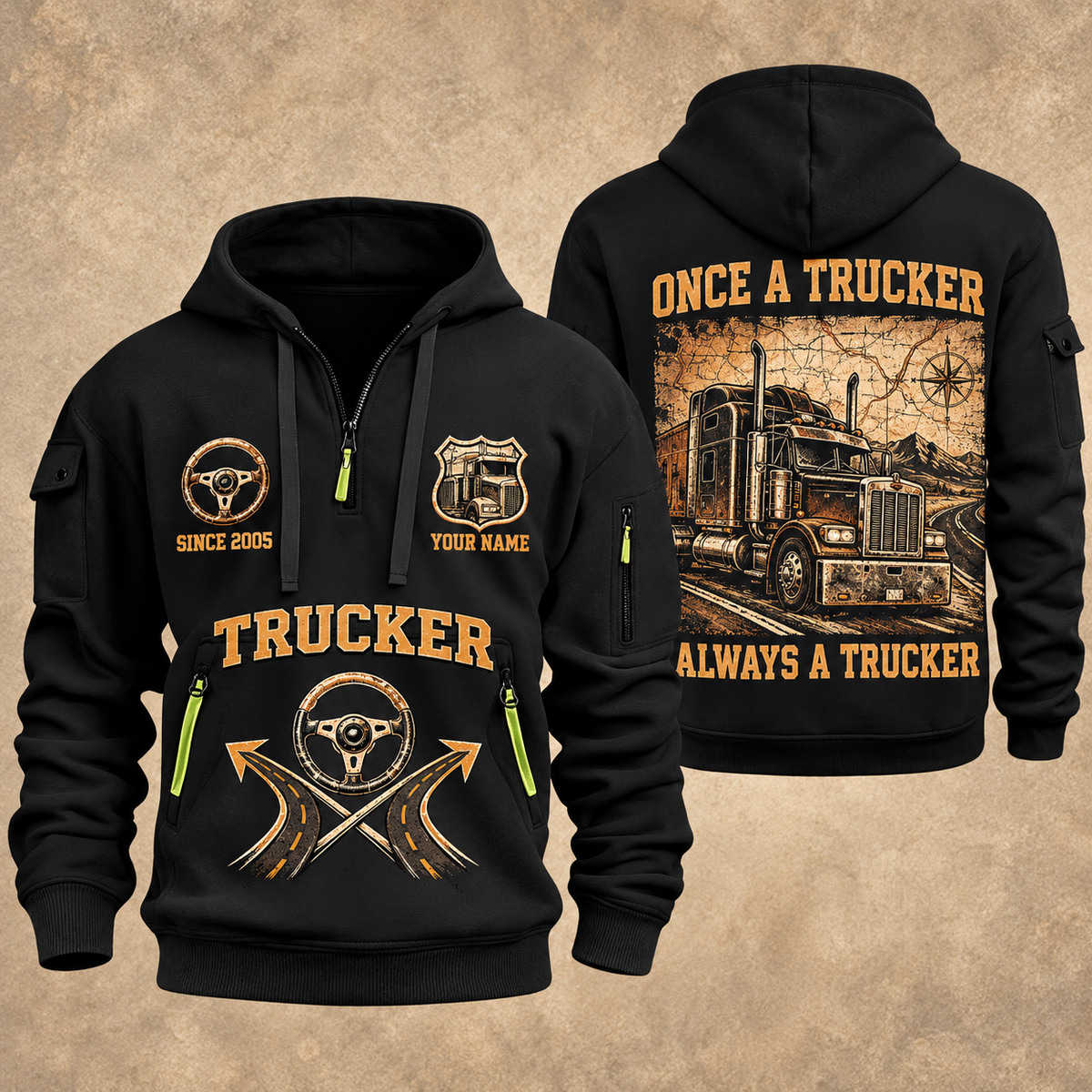 Trucker Lifelong Trucker quarter-zip hoodie in Black, front and back, YOUR NAME and SINCE 2005 artwork