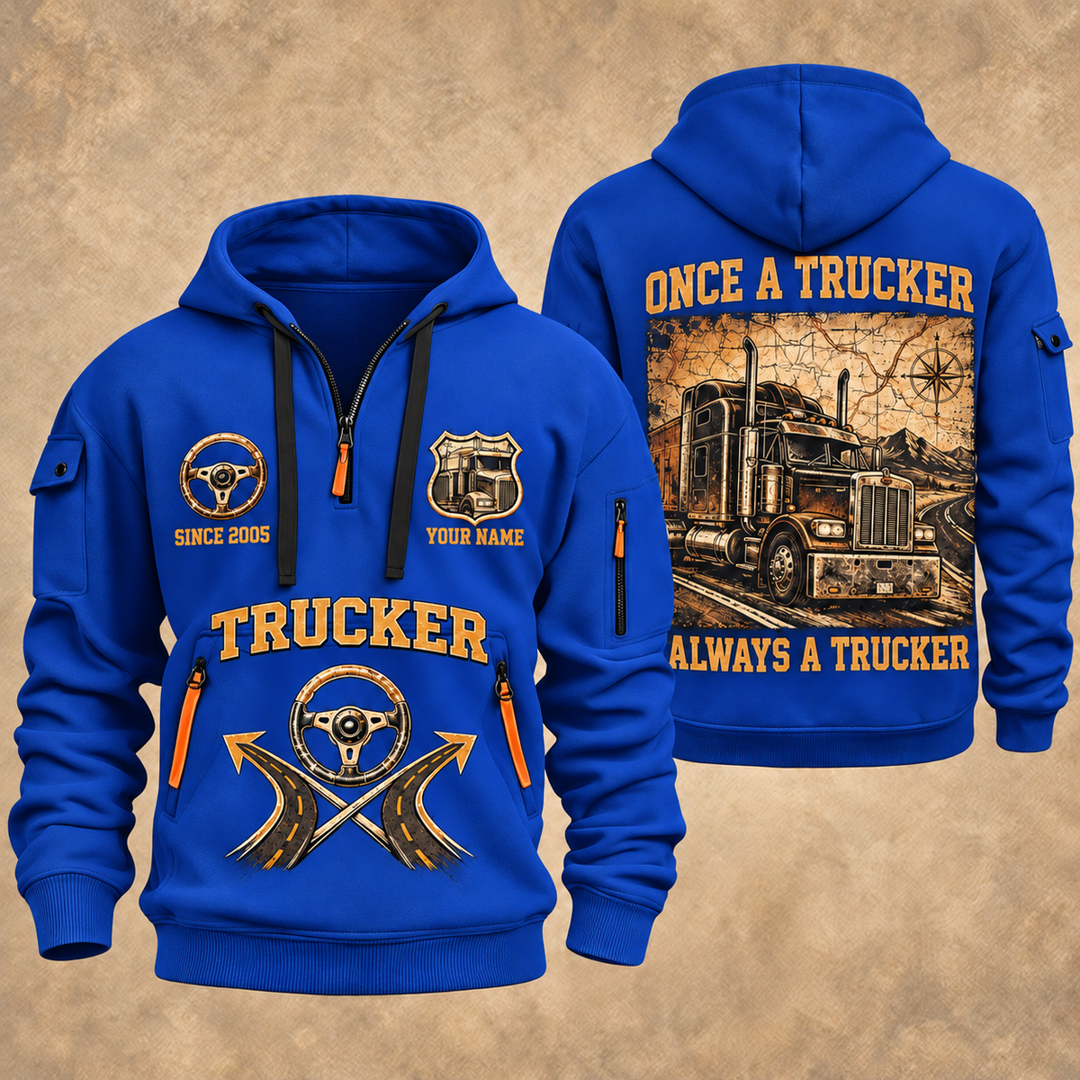 Trucker Lifelong Trucker quarter-zip hoodie in Blue, front and back, YOUR NAME and SINCE 2005 artwork