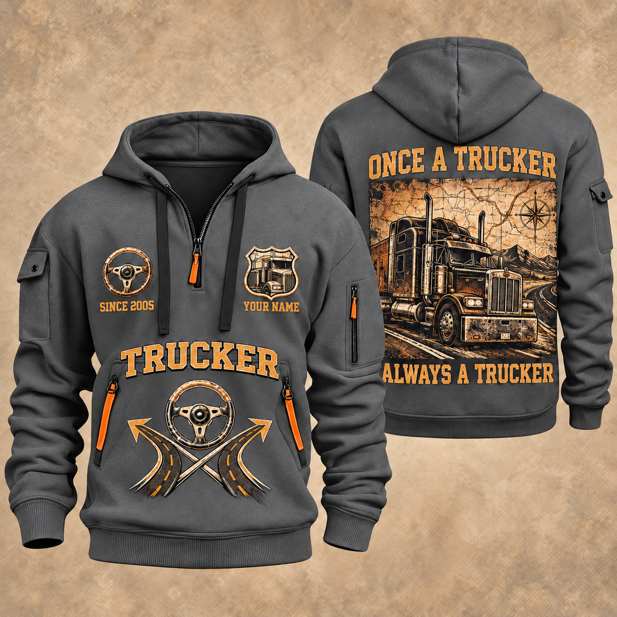 Trucker Lifelong Trucker quarter-zip hoodie in Gray, front and back, YOUR NAME and SINCE 2005 artwork