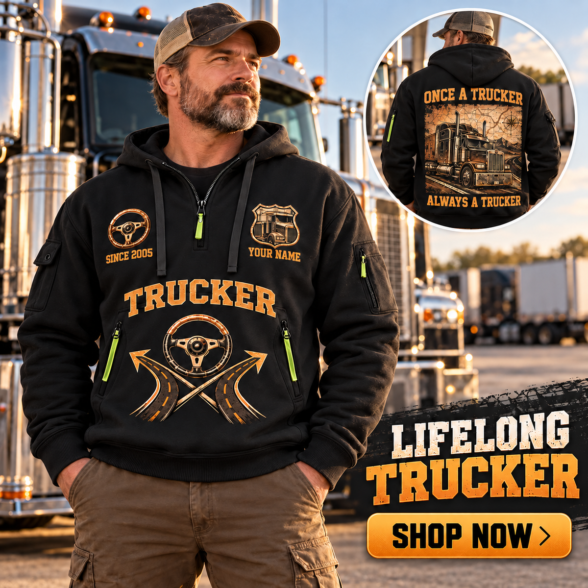 Trucker wearing Lifelong Trucker quarter-zip hoodie in their workplace; product introduction and shopping call to action
