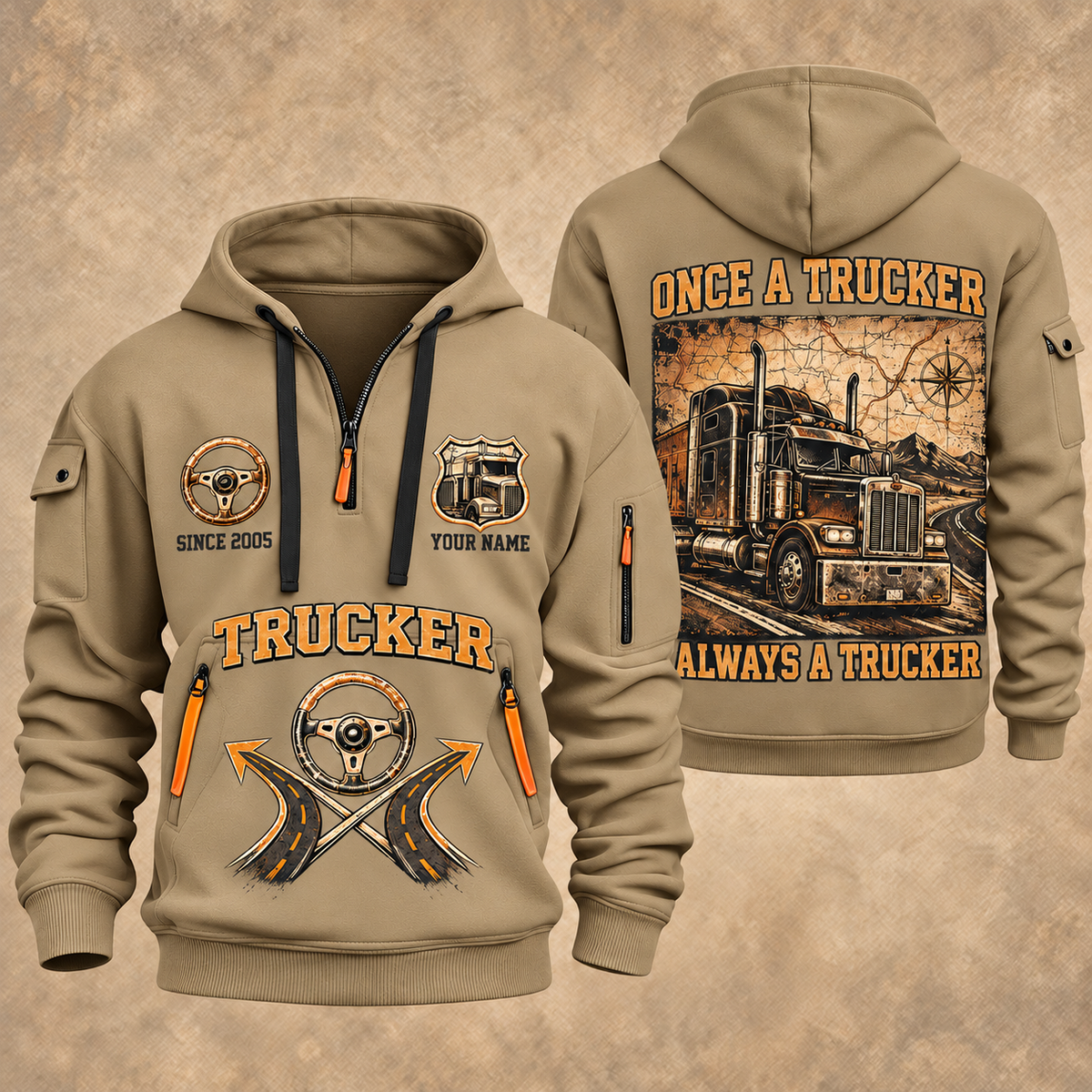 Trucker Lifelong Trucker quarter-zip hoodie in Khaki, front and back, YOUR NAME and SINCE 2005 artwork