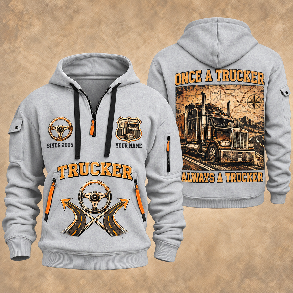Trucker Lifelong Trucker quarter-zip hoodie in Light Grey, front and back, YOUR NAME and SINCE 2005 artwork