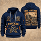 Trucker Lifelong Trucker quarter-zip hoodie in Navy, front and back, YOUR NAME and SINCE 2005 artwork