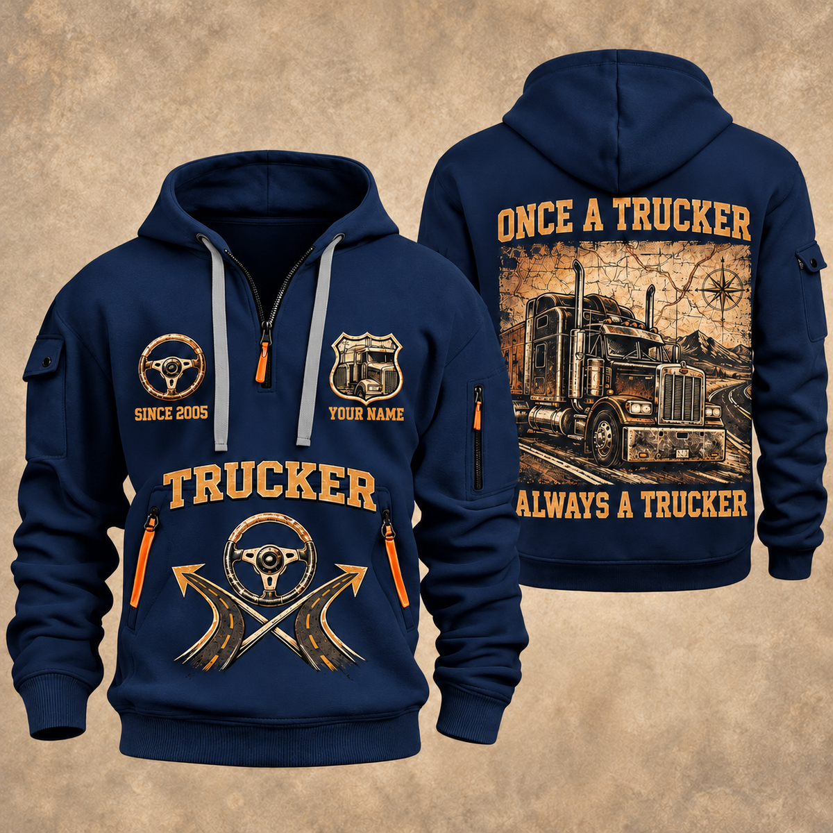 Trucker Lifelong Trucker quarter-zip hoodie in Navy, front and back, YOUR NAME and SINCE 2005 artwork
