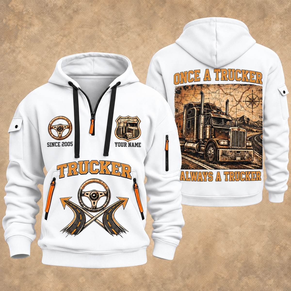 Trucker Lifelong Trucker quarter-zip hoodie in White, front and back, YOUR NAME and SINCE 2005 artwork