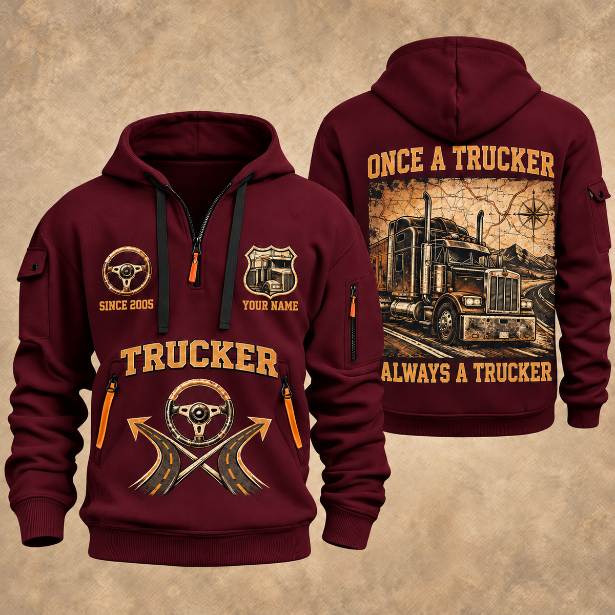 Trucker Lifelong Trucker quarter-zip hoodie in Wine Red, front and back, YOUR NAME and SINCE 2005 artwork