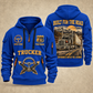 Trucker Built for the Road quarter-zip hoodie in Blue, front and back, YOUR NAME and SINCE 2005 artwork